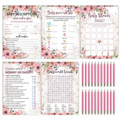 Bộ trò chơi tiệc mừng em bé sắp chào đời 125 món chủ đề hoa dành cho bé gái hoặc bé trai, gồm 5 trò chơi thẻ bài hình gấu và 20 bút chì, dành cho 25 khách mời, bao gồm trò chơi Dự đoán ai đúng và Trò chơi xếp chữ (Chủ đề hoa).