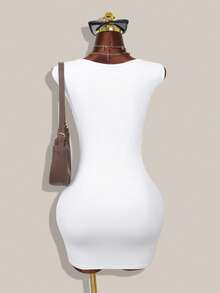 女士白色无袖褶皱紧身迷你连衣裙，修身休闲时尚连衣裙 - 白色 - 查看 3