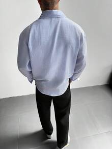 GloMan 男士度假长袖衬衫，复古亚麻混纺条纹纽扣衬衫，宽松男女通用蓝白条纹休闲衬衫，四季皆宜情侣装，适合海滩、音乐节、约会之夜等各种场合，是情人节、父亲节、周年纪念日和母亲节的完美礼物。 - 藍色 - 查看 8