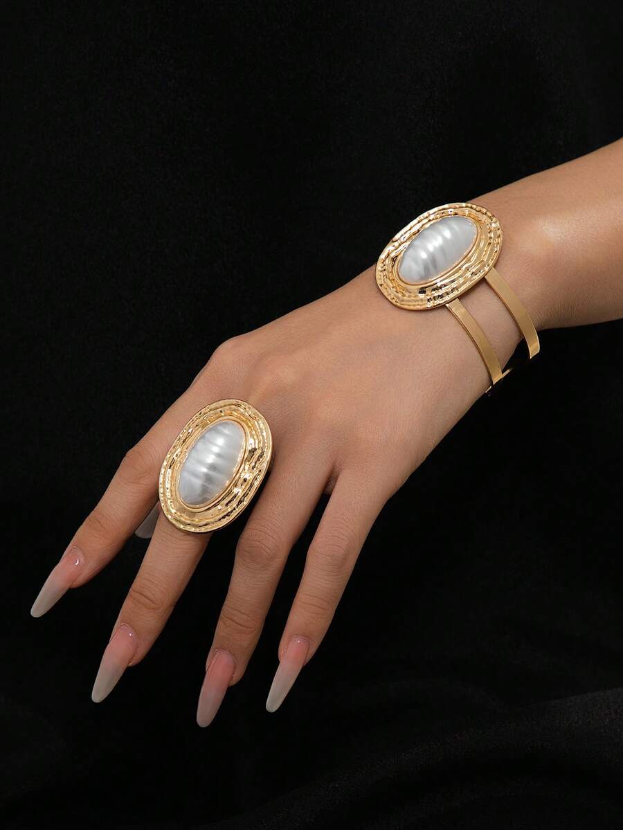 Bộ 2 món nhẫn và vòng tay đính ngọc trai lớn bằng kim loại sang trọng, thích hợp cho phụ nữ đeo hàng ngày. - Vàng - Xem 1