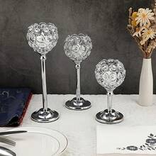 3-Pieces Elegant Crystal Candle Holders - Versatile, Silver Centerpiece Polished Finish For Wedding Decor, Table Centerpieces & Home Ambiance Halloween, Spooky, Autumn, Festival, Holiday , Winter, Holiday, Festival, Room Decor, Gifts Birthday Graduation - 銀色 - 查看 8