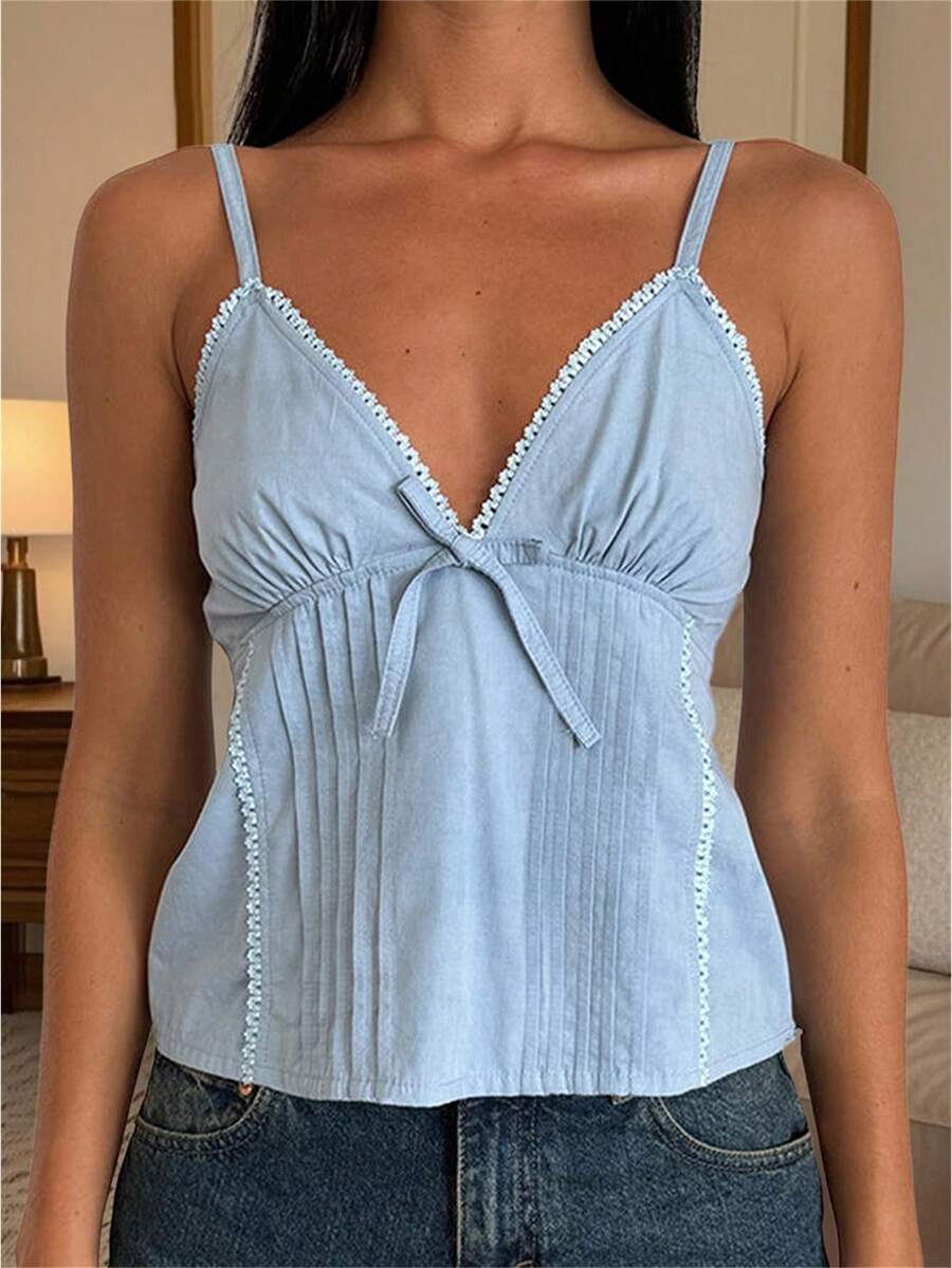 Women's Bow Cami Tank Tops Summer Sleeveless V Neckline Camisole Plain Tank Tops - Sky Blue - View 1