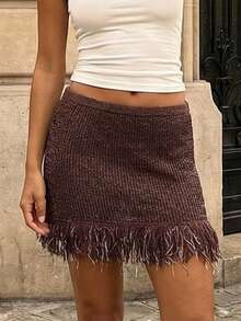 Women Y2k Fringe Knit Mini Skirts Boho Bodycon Low Waist Going Out Crochet Tassel Short Skirt - Màu nâu Sô-cô-la - Xem 5
