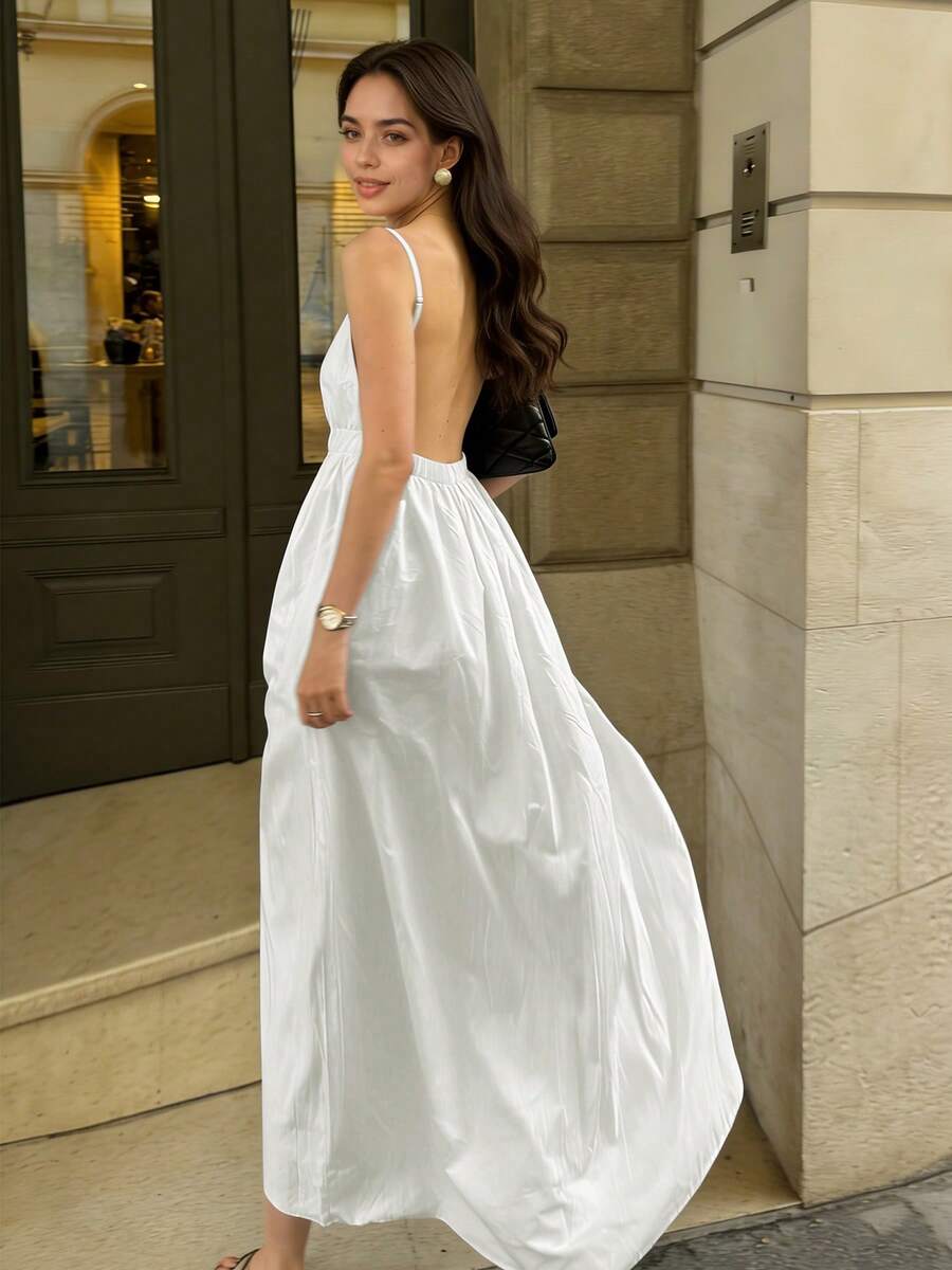2026春夏时尚性感露背吊带设计收腰修身长裙，适合女士夏季穿搭、情人节、派对、海滩、街头风、嘉年华、婚礼宾客、生日、Y2K、复活节、毕业典礼、正式场合、白色、休闲、奢华晚礼服等各种场合，尽显优雅气质。