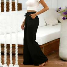 Plus Size Women's Solid Color Pants With Pockets And Drawstring Waist, Comfortable For Home, Outdoor, Commute, All Seasons - Black - View 2