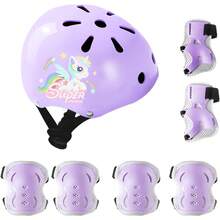 Protecciones Para Patinar Niños,Protecciones Patines Para Bicicleta Niña,Niños Ciclismo Rodillo Patinaje Rodilla, Rodilleras + Muñequeras + Casco de Patinaje de Niños/Tamaño Ajustable (48-56CM) - Morado - Ver 1