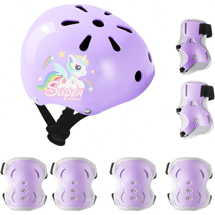 Protecciones Para Patinar Niños,Protecciones Patines Para Bicicleta Niña,Niños Ciclismo Rodillo Patinaje Rodilla, Rodilleras + Muñequeras + Casco de Patinaje de Niños/Tamaño Ajustable (48-56CM) - Morado - Ver 1