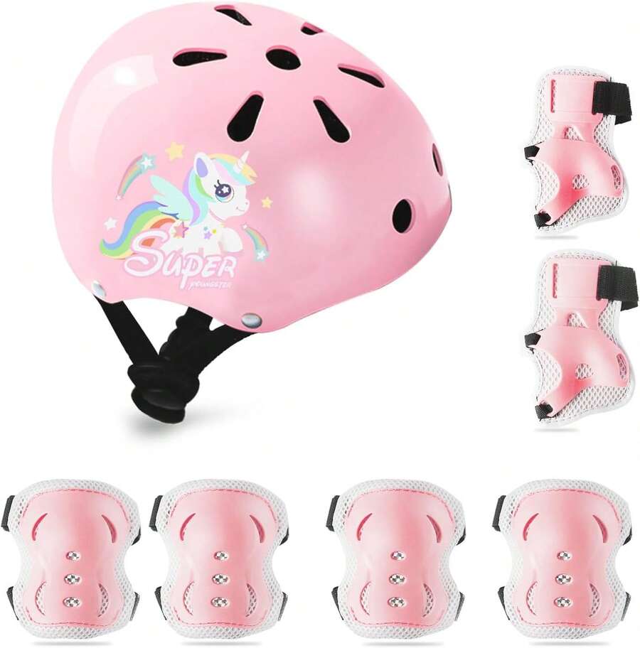 Protecciones Para Patinar Niños,Protecciones Patines Para Bicicleta Niña,Niños Ciclismo Rodillo Patinaje Rodilla, Rodilleras + Muñequeras + Casco de Patinaje de Niños/Tamaño Ajustable (48-56CM) - Rosa - Ver 1