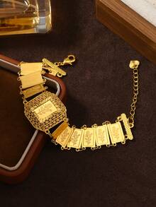 1pc Middle Eastern Saudi Arabian Style Gold-Plated Copper Wide Square Udan Rose Carved Women Chain Bracelet, Suitable For Women To Wear During Ramadan - Yellow Gold - View 3