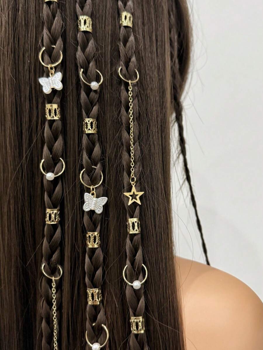 28pcs Pearl Butterfly Messy Scrunchies & Fashion Metal Hair Clips Set - Punk Hip Hop Style Metal Hair Accessories