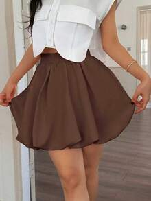 Solstice Apparel Bubble Pleated High Waist A-Line Mini Skirt, Coffee Satin Fabric, Commute, Daily, Date, Spring/Summer, Valentine's Day Outfit - Coffee Brown - View 4
