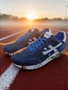 2026新款复古情侣鞋，483米运动跑步休闲鞋，校园风，奢华透气，适合工作场合，礼盒包装，大码尺码，快速发货，随机错位鞋底印花 - 黑藍色 - 查看 2