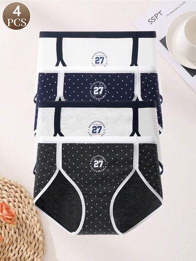 4PCS Women's Panties Collegiate Style Sports Underwear High Slit Underwear, Casual Daily Women's Briefs