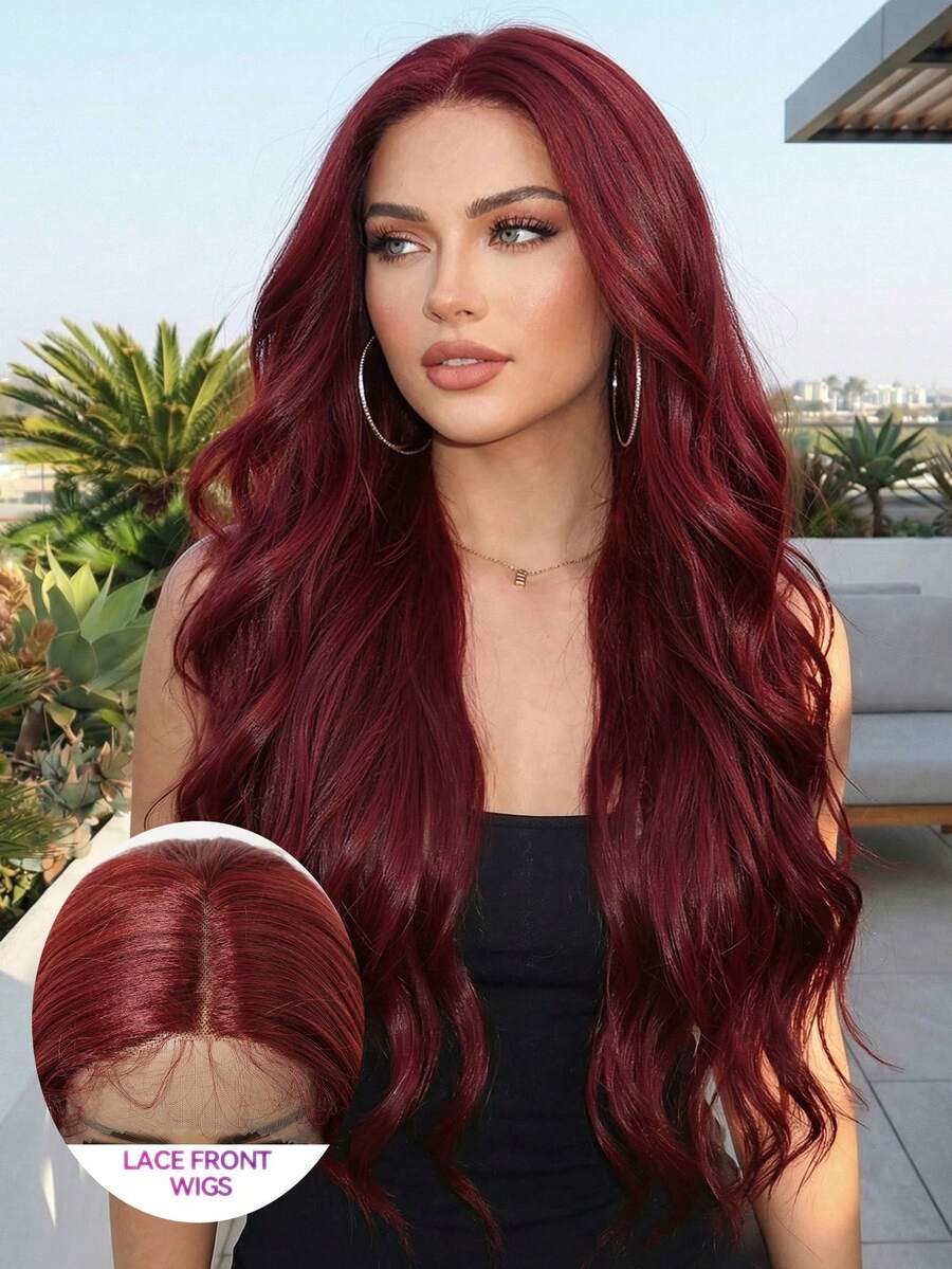 28英寸长酒红色波浪卷发多层次发型合成自然假发蕾丝前假发13*4*1手工编织蕾丝化纤发日常进口丝绸派对婚礼音乐节万圣节礼物 - 酒紅色 - 查看 1