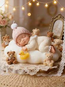 可爱睡娃云朵硅胶模具：造型温馨，展现了一个舒适熟睡的宝宝躺在点点云朵上，怀里抱着一只小鸭子。柔软逼真的质感散发着童趣和温暖。易于脱模，可重复使用。 - 白色 - 查看 6