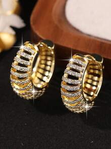 1 đôi bông tai vòng mạ vàng kẻ sọc tuyệt đẹp, đính đá Cubic Zirconia, quà tặng thời trang cho vợ, mẹ nhân dịp sinh nhật, kỷ niệm, đính hôn, trang sức đồng. - Vàng - Xem 8