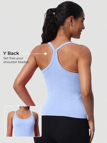MathCat Racerback Tank Tops For Women - Scoop Neck Spaghetti Strap Padded Workout With Built In Bra - Light Blue - View 1