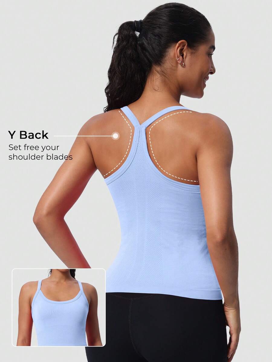 MathCat Racerback Tank Tops For Women - Scoop Neck Spaghetti Strap Padded Workout With Built In Bra - Light Blue - View 1