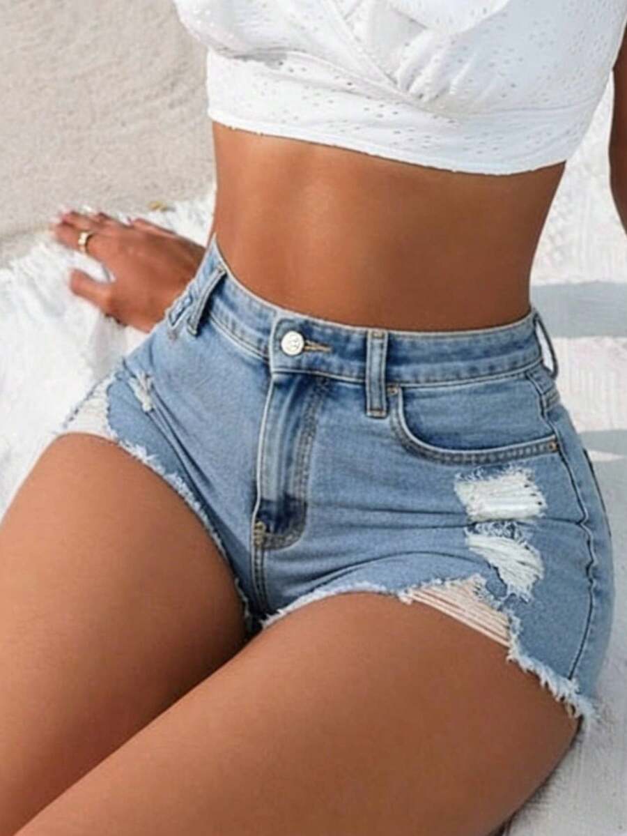 Quần short denim nữ dáng ôm, rách nhẹ, co giãn, ống đứng, gợi cảm, thích hợp cho mùa hè. - Rửa trung bình - Xem 1