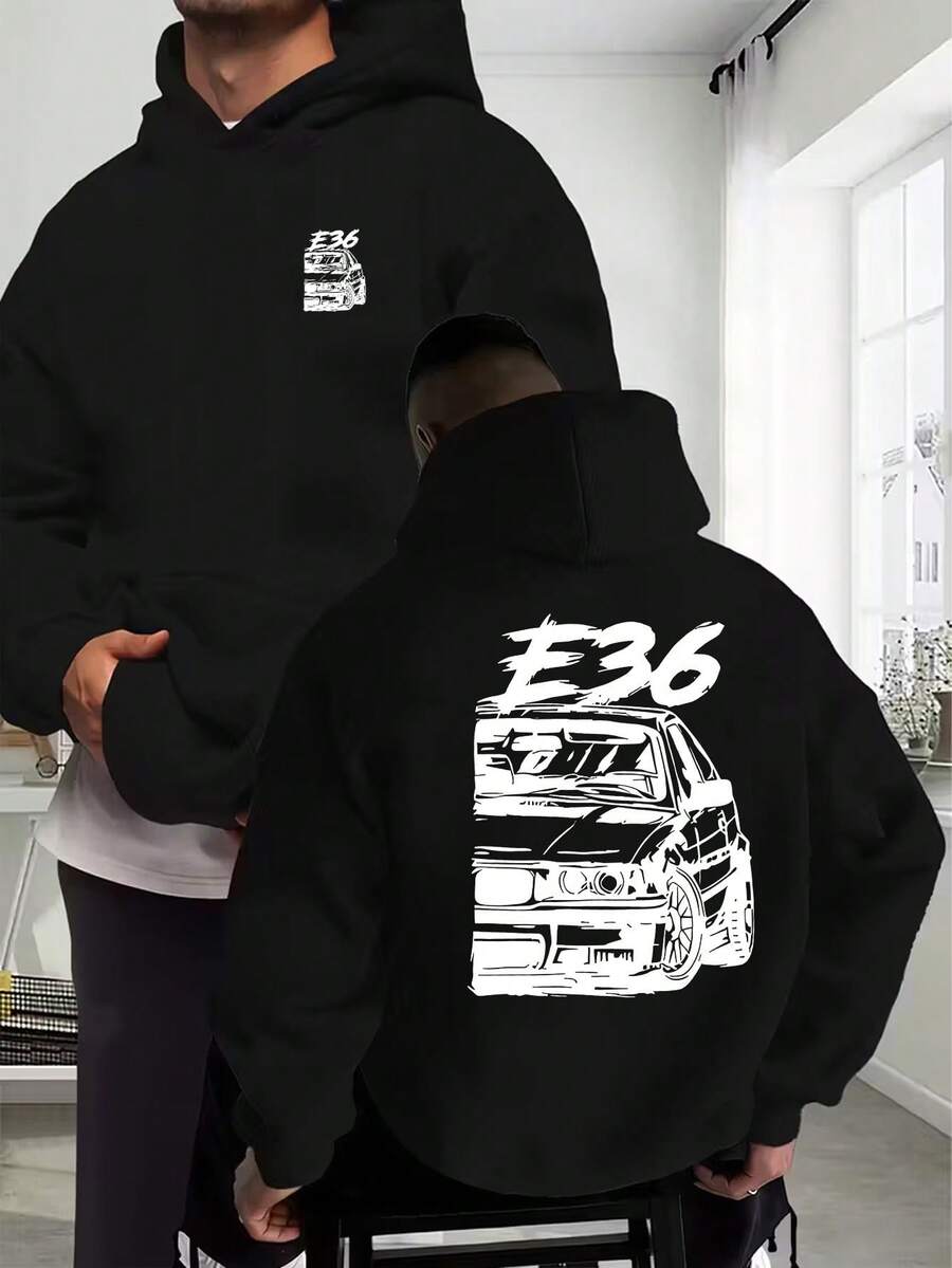 250g Polyester Fiber Men's Hooded Sweatshirt With Long Sleeved ,Y2K  Hyper Drift Racing Car Pattern Print, Fashionable And Loose Casual Fleece Sweatshirt Suitable For Autumn And Winter Wear On The Street - 黑色6 - 查看 1