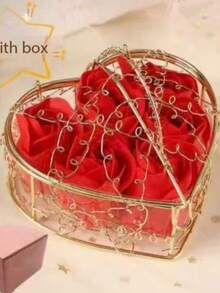 1pc Heart-Shaped Box With Artificial Rose Flowers, Wedding/Housewarming/Birthday Gift - Multicolor - View 4