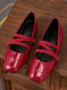 女士时尚方头红色套脚鞋，适合通勤、办公、派对、约会、婚礼、新年、情人节等场合，休闲百搭，松紧带设计，春季新品上市 - 紅色 - 查看 1