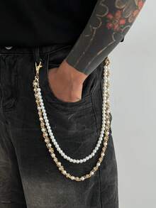 1pc Men's Faux Pearl Inlaid Gem Multi-Layer Metal Cross Pendant, Fashion Accessory, Punk Style Pants Chain, Key Chain, Waist Decor - Multicolor - View 5