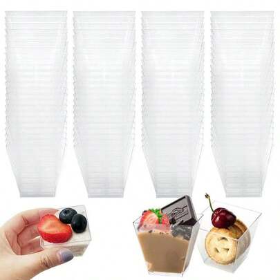 50pcs Plastic Dessert Cups, Small Square Clear Jelly Cups, Square Mini Appetizer Cups, Reusable Dessert Bowls, Yogurt Parfait Cups, Suitable For Mousse Cakes, Parties, Weddings, Samplings, Puddings, Etc.