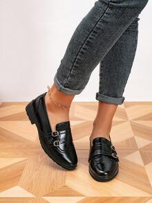 女士乐福鞋，圆头金属扣雕花平底鞋，户外复古女鞋，休闲学院风鞋 - 黑色 - 查看 4