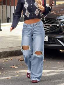 GILIPUR Y2K Women Loose Ripped Straight Leg Jeans, Casual Daily Street Style, Retro Fashion, Suitable For Autumn/Winter, New Year, Thanksgiving, Christmas Holiday Outfits - Blue - View 11