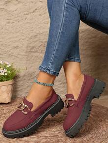 Women's British Style Chain Thick Bottom Loafers, Slip-On Slouchy Shoes, Outdoor Casual Student Shoes - Red - View 4