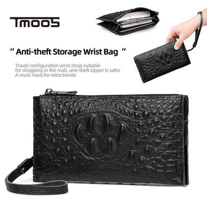 Bolsa de muñeca para hombres, de cuero de grano completo vintage y lujoso, con textura suave, diseño antirrobo, monedero, bolso de embrague de moda adecuado para el trabajo, fiestas, regalo