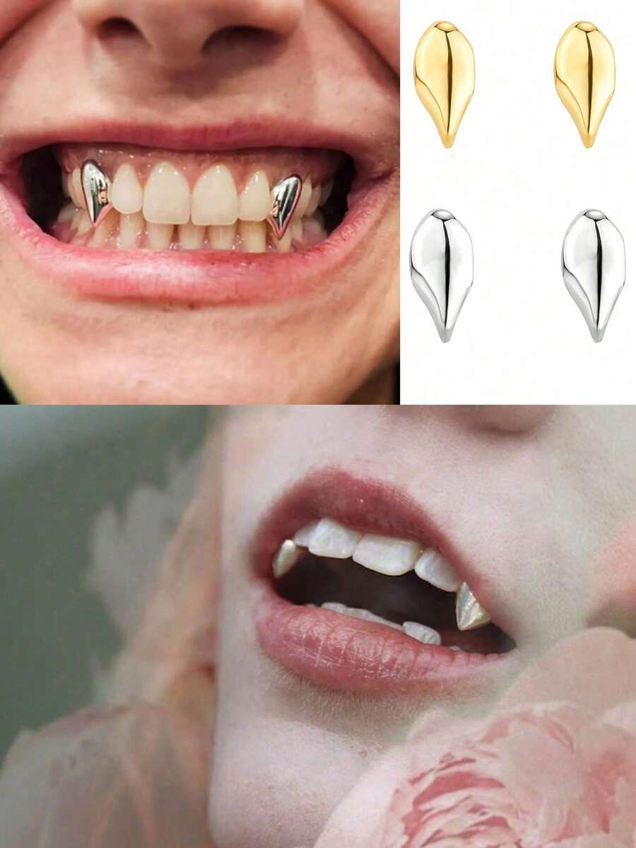 1 chiếc/2 chiếc răng nanh ma cà rồng mạ vàng 14K, chất liệu đồng, trang sức cơ thể cho nữ, thích hợp cho các bữa tiệc hoặc hóa trang. - Màu be - Xem 1