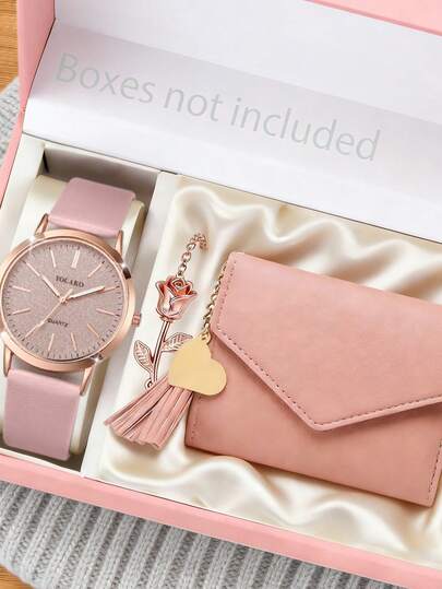 3 PIEZAS Conjunto de relojes de cuarzo casuales y elegantes para mujer, accesorios rosas y dorados para mujeres (incluye un reloj de cuarzo con correa de cuero rosa y marco dorado rosa con índice de barra, un colgante con borla en forma de corazón rosa, y una billetera de cuero rosa minimalista).