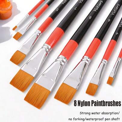 Orange/Black Artist Brushes - 8pcs Nylon Flat Brush Set - Suitable For Acrylic And Watercolor Painting