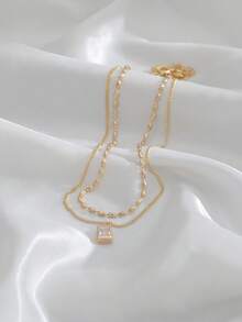 Nooxian 2件套 时尚优雅休闲铜珠链方形铜微镶嵌锆石双层吊坠项链 - 金黃色 - 查看 3