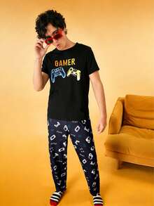 Men Gamepad & Letter Graphic Short Sleeve Top & Pants Loungewear Set - Black - View 3