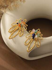 Cring Coco 欧美夸张时尚超大喇叭花耳环，天然宝石耳环，奢华简约宫廷风，304不锈钢镀18K金，适合春夏度假、婚礼、音乐节、情人节等场合佩戴。 - 金色 - 查看 9