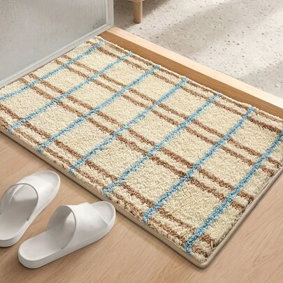 1pc Premium Wool Bathroom Mat, Modern Minimalist Plaid Design, Soft Non-Slip Absorbent Bathroom Rug, Home Decor, Spring Decoration