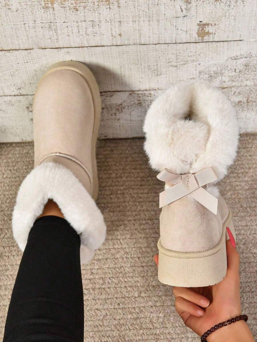 Women's Fashion Versatile Patchwork Metal Buckle Zipper Solid Color Round Toe Short Ankle Buckle Strap Chunky Heel Short Boots, Fashionable Casual Daily Wear, Suede, Autumn/Winter,Fur Boots - 米色 - 查看 1