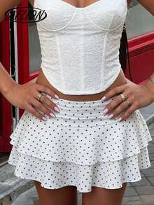 Aflion Women's Black & White Polka Dot Layered Ruffle Hem Mini Skirt - Pleated Waistline, Lightweight Polyester Fabric, Sweet & Sexy Y2K Boho Style, Suitable For Summer Beach, Party, Carnival, Festivals - White - View 3