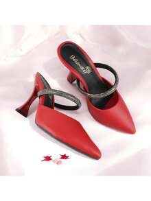 Women's Mule Shoe With Rhinestone Strap, High Heel, 9.5cm Cup, Madame Winter Collection 2026 - 紅色 - 查看 3