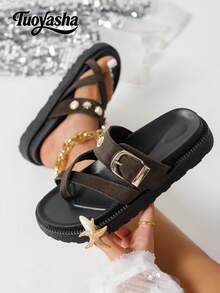 Giày sandal đế xuồng xỏ chân kiểu dáng mới với khóa kim loại trang trí, thoải mái, chống trơn trượt, đa năng và dễ vệ sinh, phù hợp cho đi biển và mặc hàng ngày. - Cà phê nâu - Xem 4