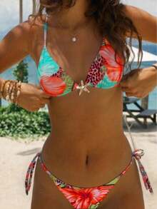 2pcs/Set Cute Summer Swimsuit, Spaghetti Strap Random Ditsy Floral Metal Starfish Decor High Waist Bikini Set, Beach Holiday Vacation - Green and Orange Leopard Print - View 1