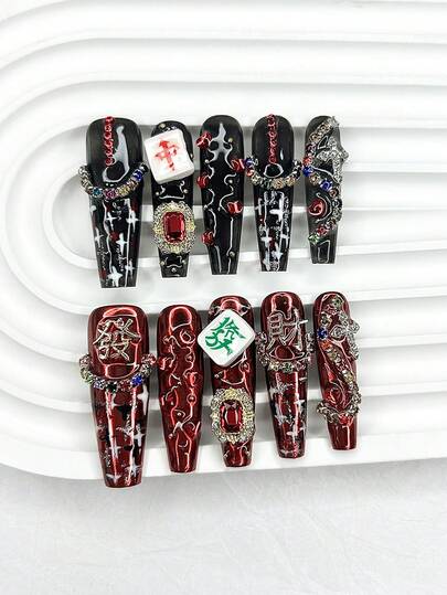 10 st. handgjorda stämplade naglar med kinesiskt nyårstema, röda och svarta Mahjong-konstfärgglada diamanter, lyxiga lösnaglar, nagelkonsttillbehör (1 st. geléklistermärke + 1 st. nagelfil)