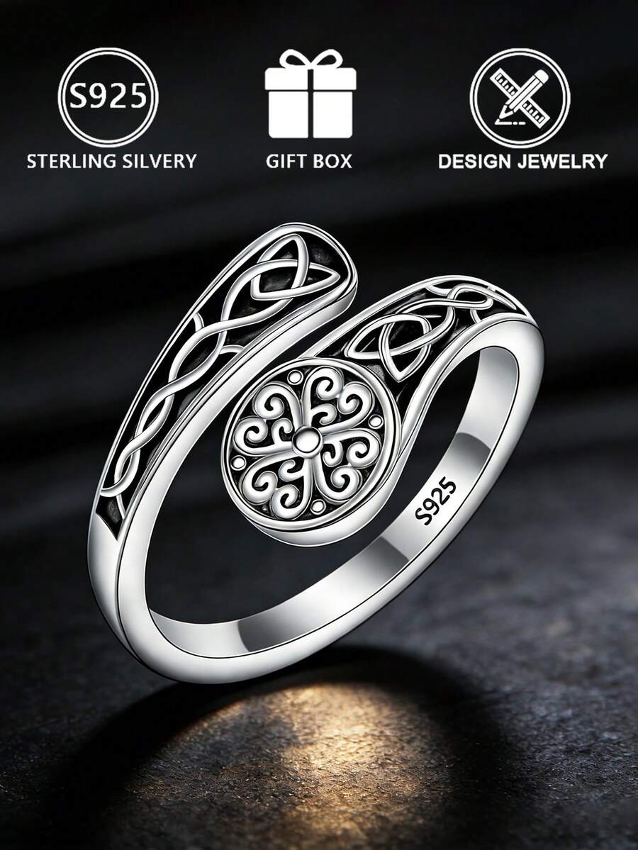 1pc S925 Sterling Silver Vintage Celtic Knot Open Ring, Unique Distressed Floral Pattern, Hollow Totem Design, Quality Silver Jewelry For Daily Wear, Personalized Outings, Gifts For Girlfriends Or Friends, Comes With Gift Box - Antique Silver - View 1