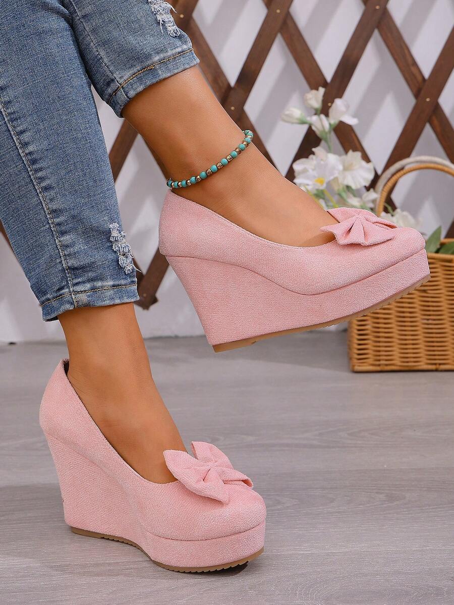 1 par de zapatos de plataforma con lazo decorativo para mujer, adecuados para salidas, ir al trabajo y fiestas - Rosa - Ver 1