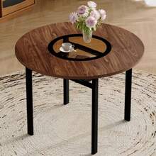 Round Table In A Modern Minimalist Design With A 100 Cm Diameter And Brown Wood Pattern, Suitable For 2-4 People (With Recessed Brown-Grey Glass Top And Metal Stability Frame). - Brown+Black - View 3