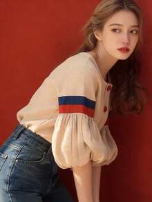 Camisa de mujer Nueva camisa femenina de manga farol color albaricoque, diseño francés único y moderno, muy bonita y juvenil - Albaricoque - Ver 5