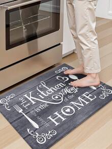 DAJIANG 1 tấm thảm trải sàn nhà bếp kiểu cổ điển, nền vân gỗ màu xám đậm với họa tiết dụng cụ nhà bếp màu trắng và khẩu hiệu tiếng Anh, thảm dài dùng cho nhà bếp, phòng tắm, ngoài trời, trong nhà, hành lang, phòng ngủ, phòng khách, có thể giặt máy. - Nhiều màu - Xem 5